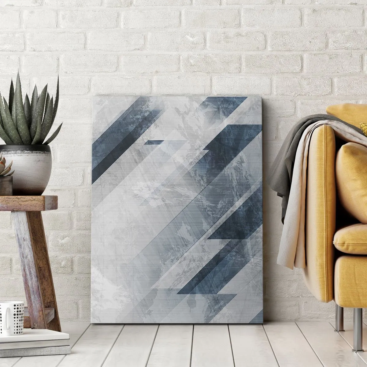 Obraz na płótnie - Abstrakcyjne linie w odcieniach szarości i błękitu - 70x100cm - Kompozycja przestrzenna – ruch szarości - Nowoczesna dekoracja ścienna do salonu i sypialni ARTTOR