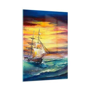 Obraz na szkle - Statek na wzburzonym morzu o zachodzie słońca - 50x70cm - Dzielnie pod fale - Nowoczesna dekoracja ścienna do salonu, kuchni i sypialni ARTTOR
