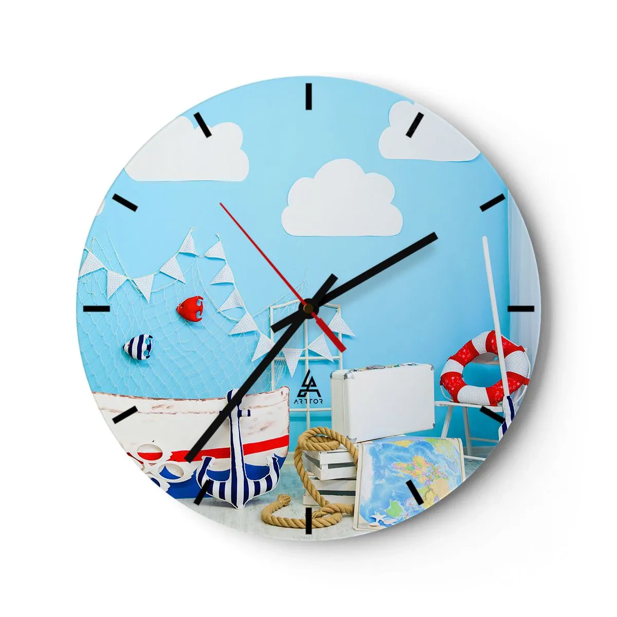 Zegar ścienny - Marynistyczny motyw z niebieskim tłem - 30x30cm - Dziecięca tęsknota do przygody - Nowoczesna dekoracja ścienna do salonu, kuchni i sypialni ARTTOR