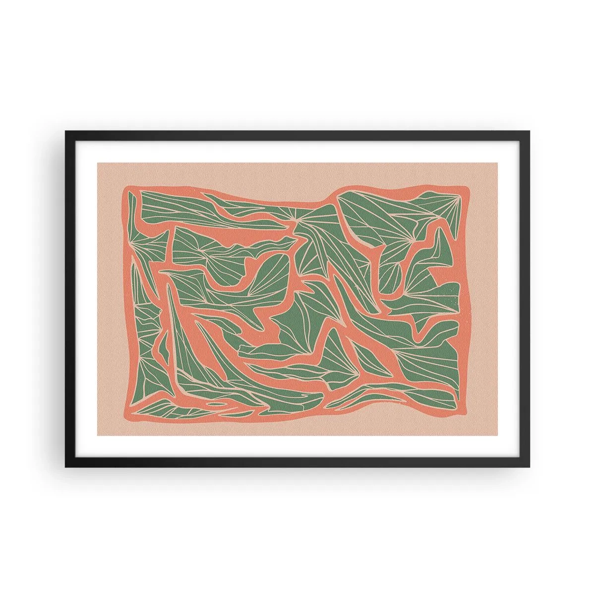 Plakat w czarnej ramie - Roślinny wzór w odcieniach zieleni i pomarańczu - 70x50cm - Zmagania koralu i zieleni - Nowoczesna dekoracja ścienna do salonu i sypialni ARTTOR