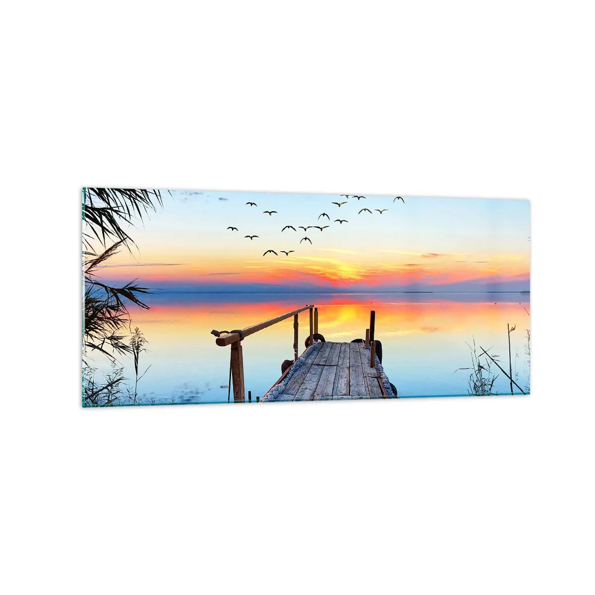 Obraz na szkle - Drewniany pomost nad jeziorem o zachodzie słońca - 120x50cm - Pora wracać… - Nowoczesna dekoracja ścienna do salonu i sypialni ARTTOR