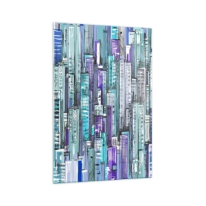 Obraz na szkle - Ilustracja miasta z geometrycznymi budynkami w odcieniach błękitu i fioletu - 70x100cm - Pobłękitniałe od nieba - Nowoczesna dekoracja ścienna do salonu i sypialni ARTTOR