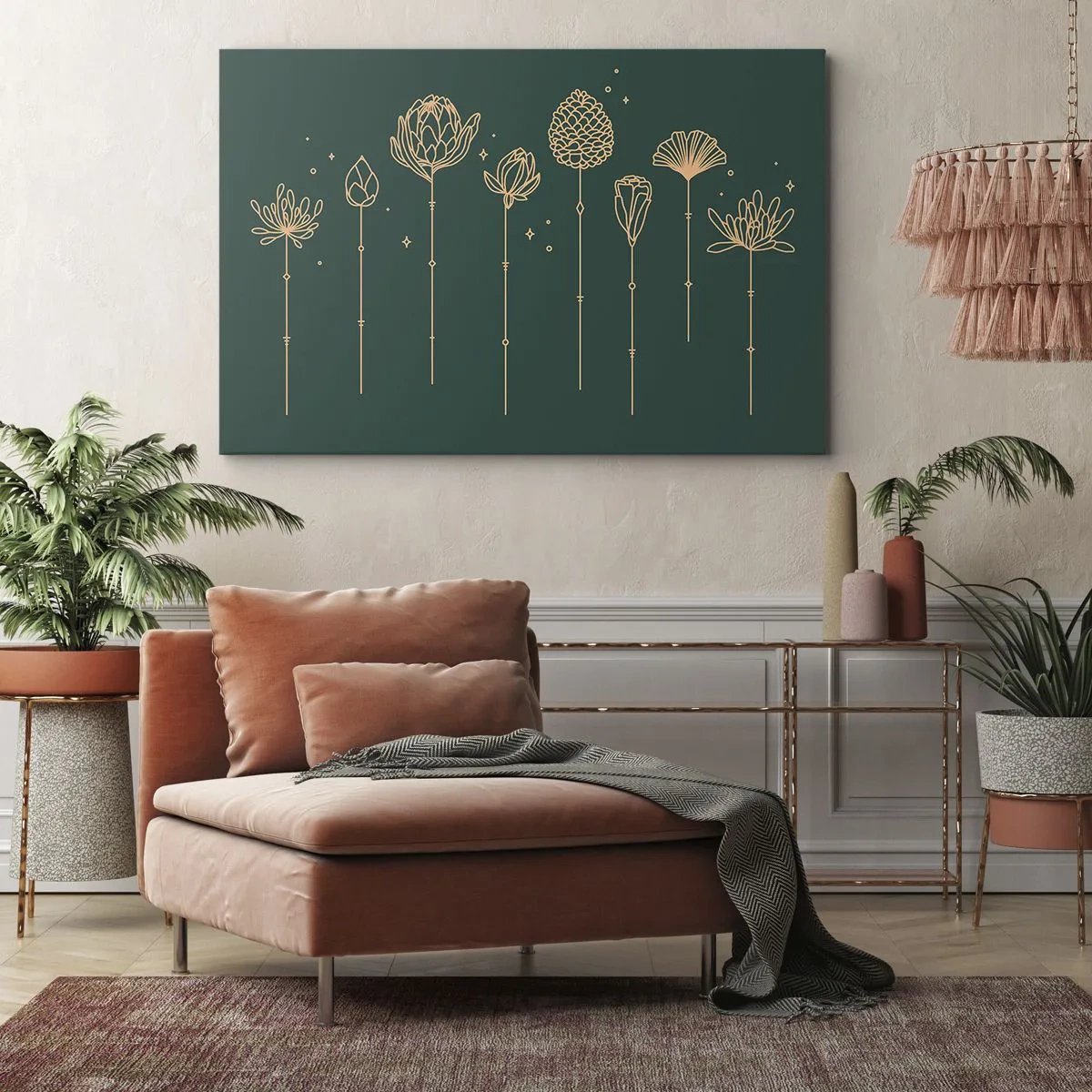 Obraz na płótnie - Złote rysunki ziół na tle ciemnozielonym - 70x50cm - Rodzina ZIÓŁkowskich - Nowoczesna dekoracja ścienna do salonu i sypialni ARTTOR