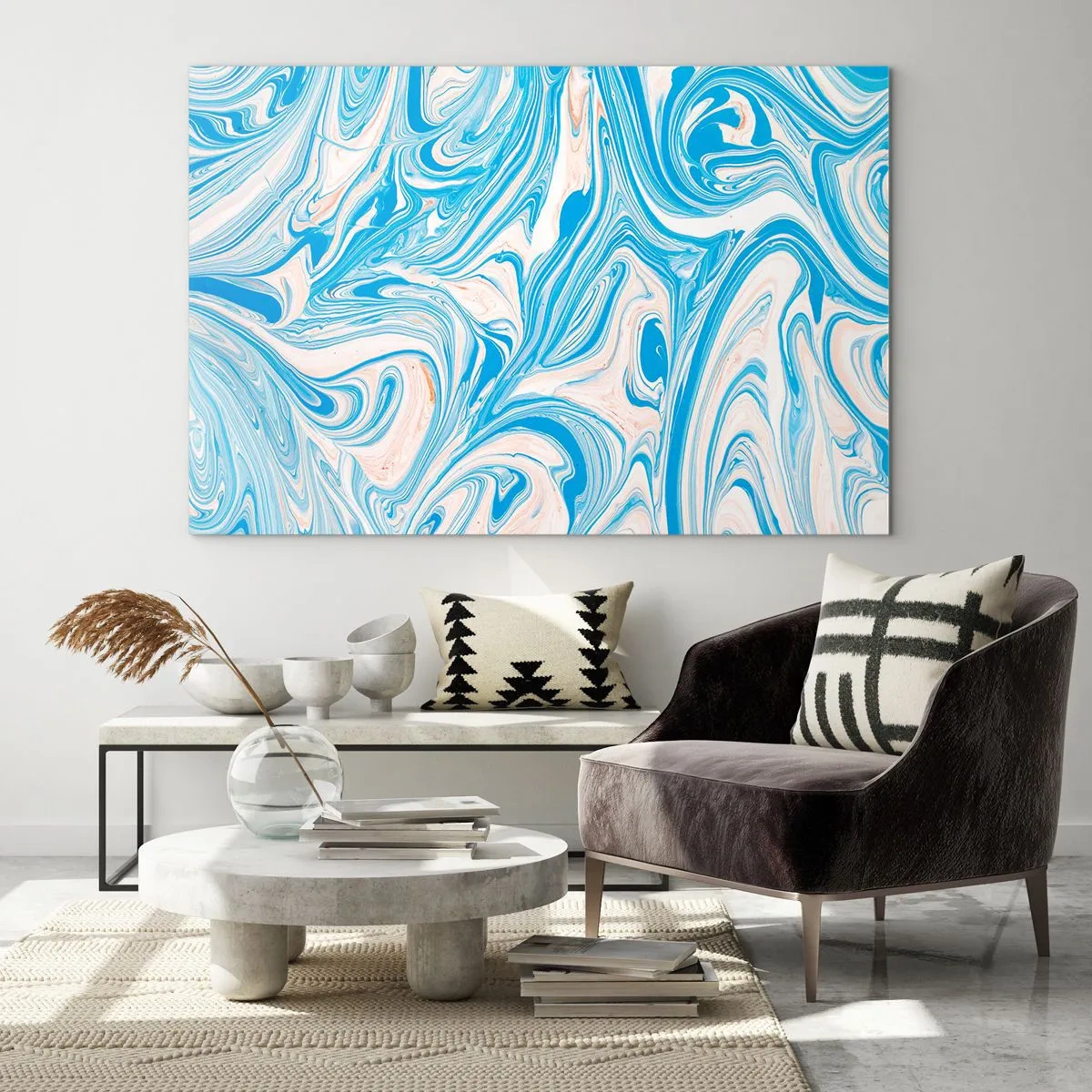 Obraz na szkle - Abstrakcyjny wzór w turkusowych i beżowych odcieniach - 70x50cm - Rozlewisko w turkusie - Nowoczesna dekoracja ścienna do salonu i sypialni ARTTOR