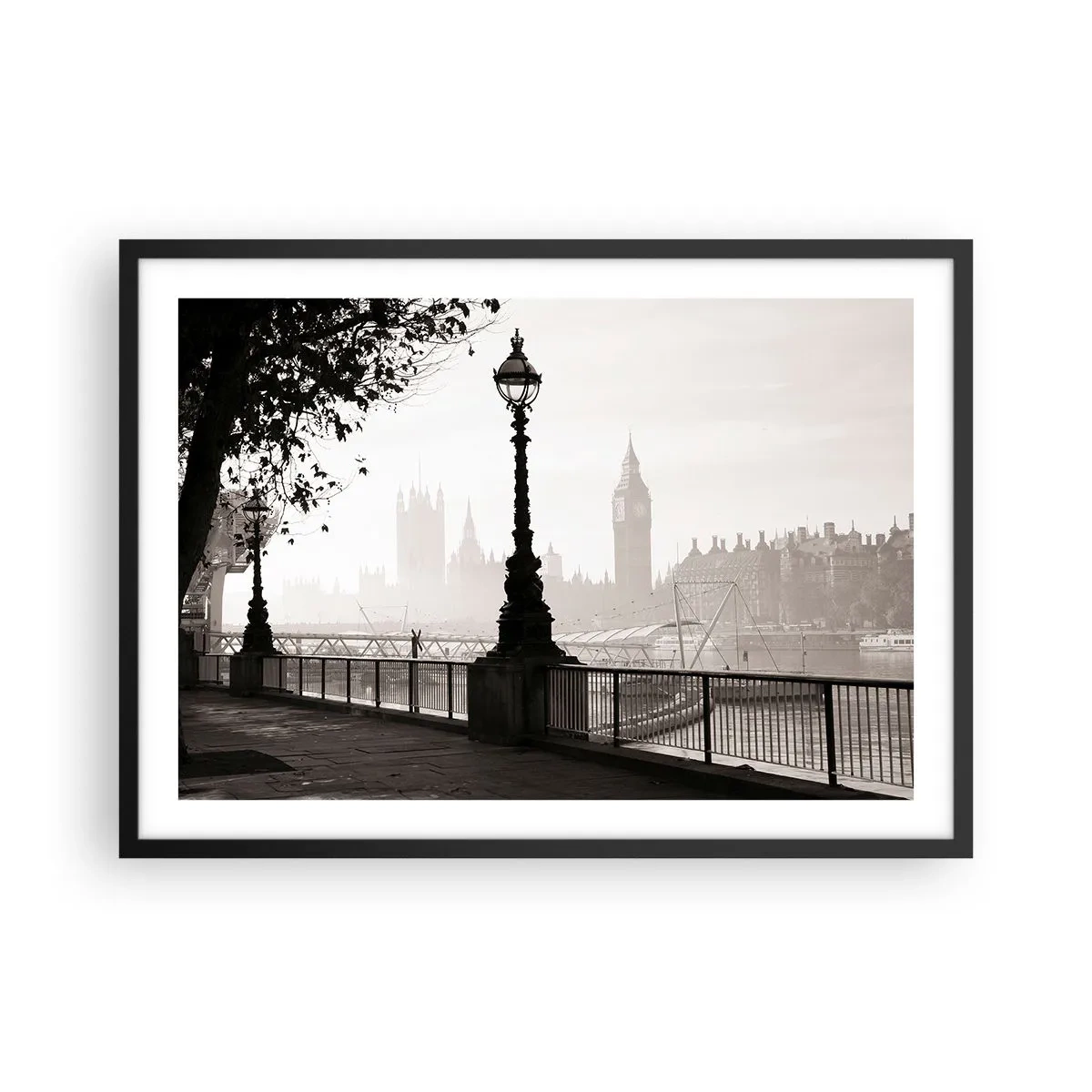 Plakat w czarnej ramie - Monochromatyczny widok na Big Ben i Tamizę - 70x50cm - Londyński poranek - Nowoczesna dekoracja ścienna do salonu i sypialni ARTTOR