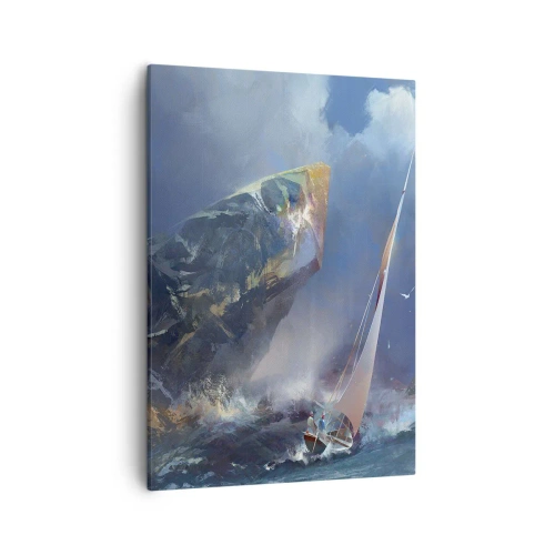 Obraz na płótnie - Żaglówka walcząca z falami w pobliżu potężnej skały - 50x70cm - Kto ma odwagę, wygrywa - Nowoczesna dekoracja ścienna do salonu, kuchni i sypialni ARTTOR
