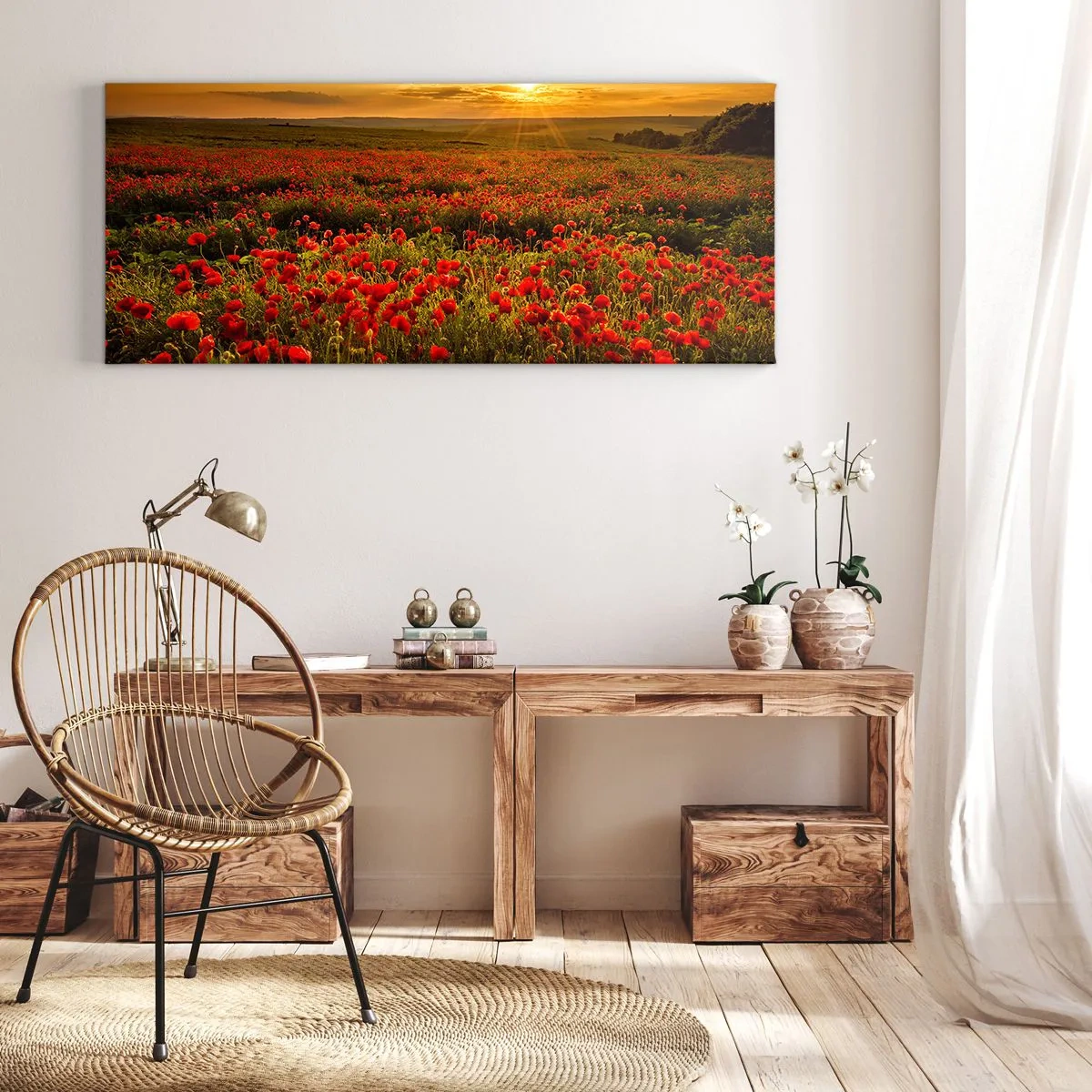 Obraz na płótnie - Pole czerwonych maków w blasku zachodzącego słońca - 140x50cm - Wśród fali łąk szumiących, wśród kwiatów powodzi - Nowoczesna dekoracja ścienna do salonu i sypialni ARTTOR