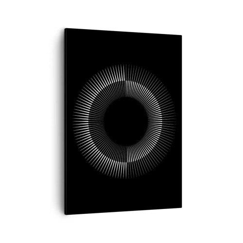 Obraz na płótnie - Minimalistyczny czarno-biały okrąg z promieniami na czarnym tle - 50x70cm - Czarne Słońce - Nowoczesna dekoracja ścienna do salonu, kuchni i sypialni ARTTOR