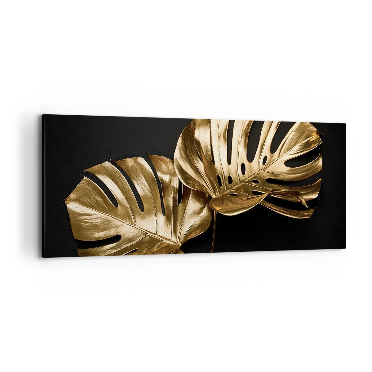 Obraz na płótnie - Złote liście monstery na czarnym tle - 120x50cm - Skarby natury - Nowoczesna dekoracja ścienna do salonu i sypialni ARTTOR