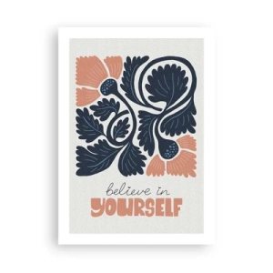Plakat - Stylizowane kwiaty w granacie i różu z inspirującym napisem - 50x70cm - I ty rozkwitaj - Nowoczesna dekoracja ścienna do salonu, kuchni i sypialni ARTTOR