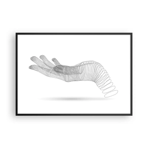 Plakat w czarnej ramie - Minimalistyczna ilustracja dłoni stworzona z czarnych kropek na białym tle - 100x70cm - Sprężysta dłoń - Nowoczesna dekoracja ścienna do salonu i sypialni ARTTOR