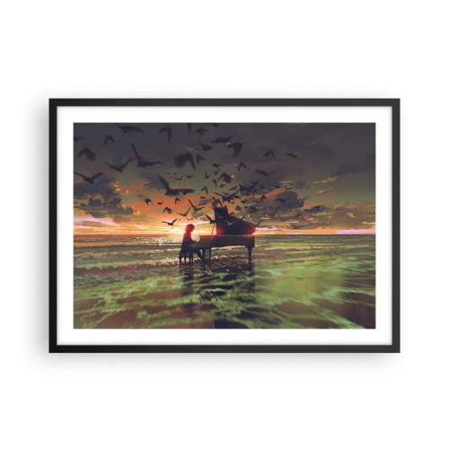 Plakat w czarnej ramie - Pianino na brzegu morza przy zachodzie słońca z ptakami - 70x50cm - Koncert na fortepian i fale - Nowoczesna dekoracja ścienna do salonu i sypialni ARTTOR