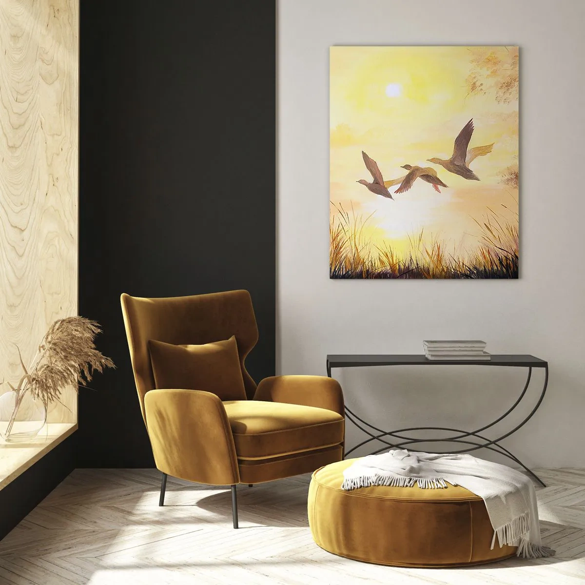 Obraz na szkle - Trzy kaczki w locie nad jeziorem o wschodzie słońca - 50x70cm - Początek dalekiej podróży - Nowoczesna dekoracja ścienna do salonu, kuchni i sypialni ARTTOR