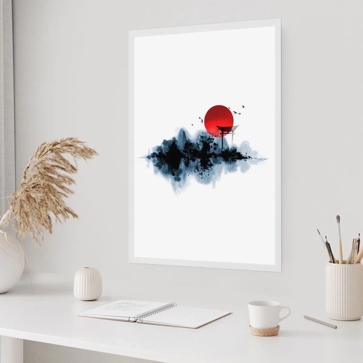 Plakat - Czerwona tarcza słońca nad japońską bramą Torii - 50x70cm - Japoński widok - Nowoczesna dekoracja ścienna do salonu, kuchni i sypialni ARTTOR