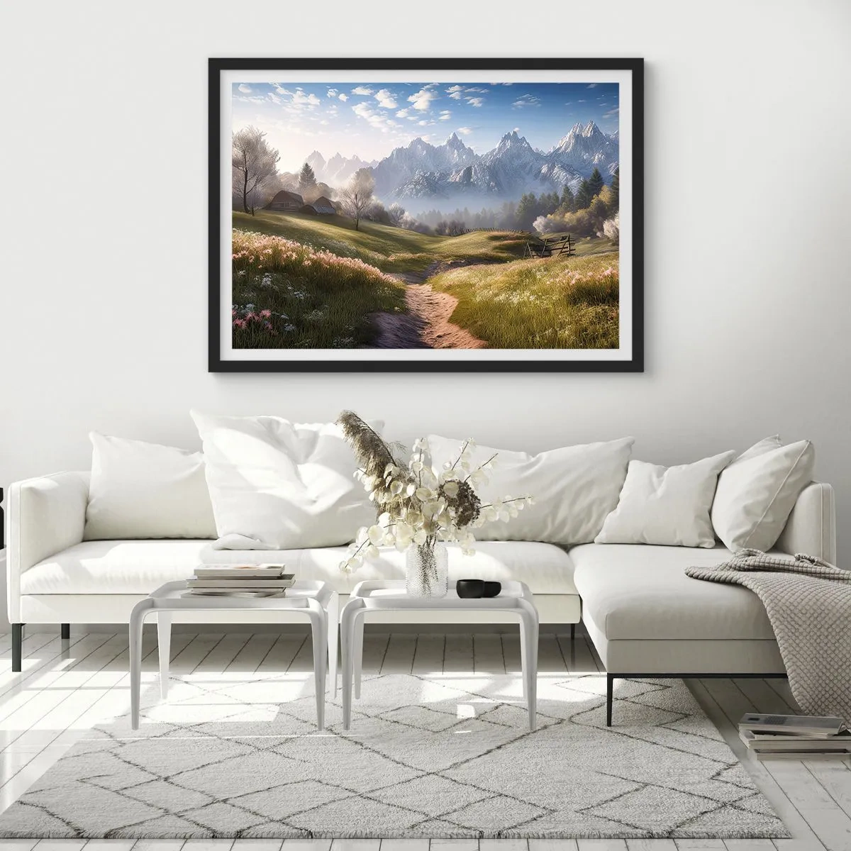 Plakat w czarnej ramie - Górska dolina z łąkami, chatami i widokiem na szczyty - 70x50cm - Sielska dolina - Nowoczesna dekoracja ścienna do salonu i sypialni ARTTOR