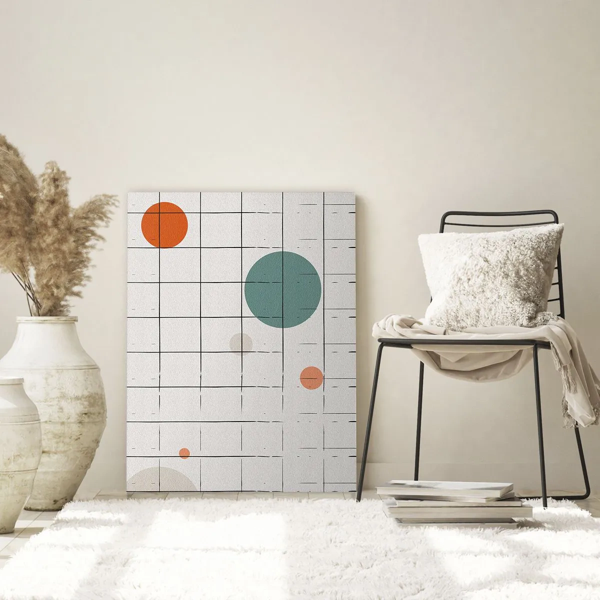 Obraz na szkle - Abstrakcyjne okręgi w kolorach na tle geometrycznej siatki - 70x100cm - Uwięzione. My czy one? - Nowoczesna dekoracja ścienna do salonu i sypialni ARTTOR