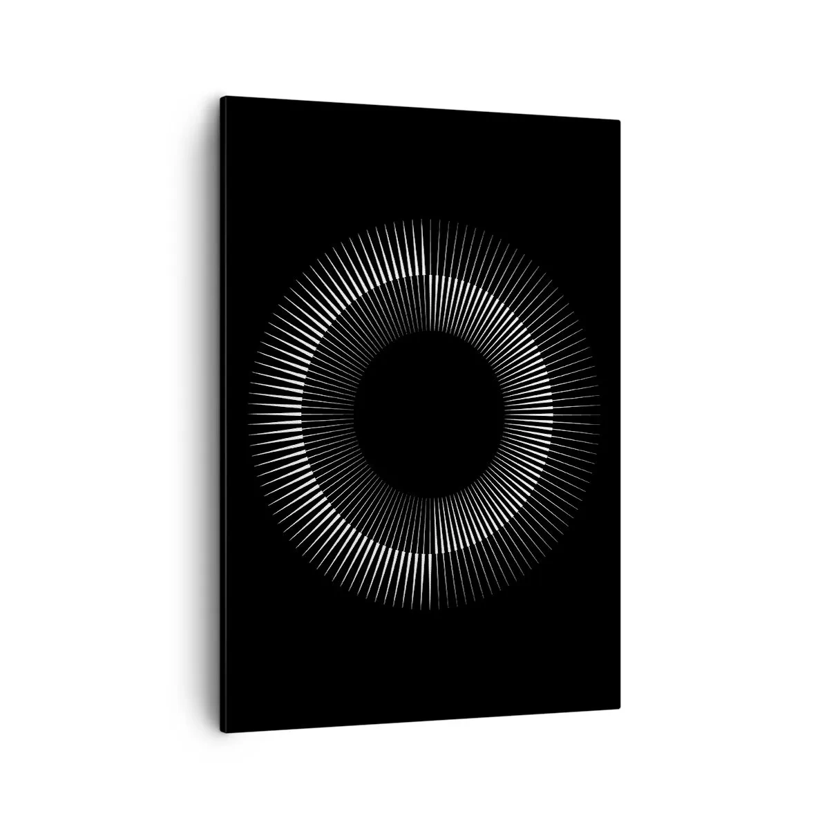 Obraz na płótnie - Minimalistyczny czarno-biały okrąg z promieniami na czarnym tle - 50x70cm - Czarne Słońce - Nowoczesna dekoracja ścienna do salonu, kuchni i sypialni ARTTOR