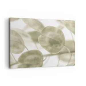 Obraz na płótnie - Delikatny obraz liści w pastelowych odcieniach zieleni na jasnym tle - 120x80cm - Na początku były listki… - Nowoczesna dekoracja ścienna do salonu, kuchni i sypialni ARTTOR