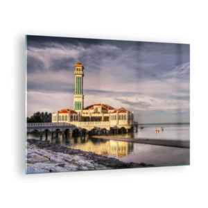 Obraz na szkle - Meczet na wodzie w malowniczym świetle - 70x50cm - Swiątynia natury - Nowoczesna dekoracja ścienna do salonu i sypialni ARTTOR
