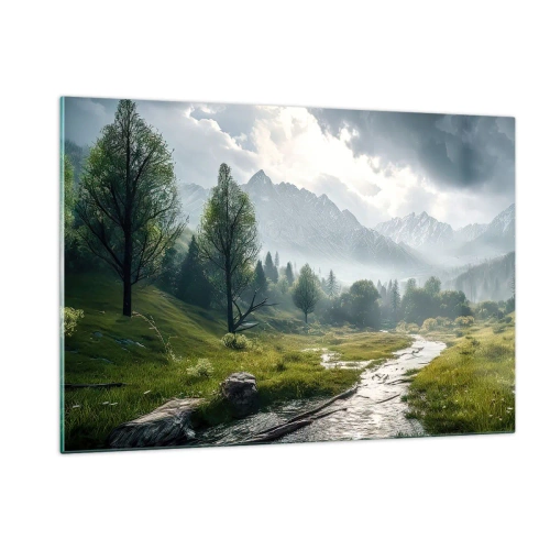 Obraz na szkle - Górski krajobraz z potokiem i zieloną doliną o poranku - 120x80cm - Tam i z powrotem - Nowoczesna dekoracja ścienna do salonu, kuchni i sypialni ARTTOR