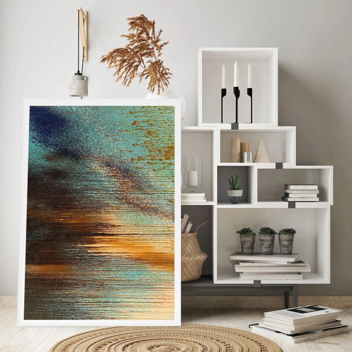 Plakat - Abstrakcyjna kompozycja złotych i niebieskich pociągnięć farby - 50x70cm - Nieprzypadkowa barwna kompozycja - Nowoczesna dekoracja ścienna do salonu, kuchni i sypialni ARTTOR