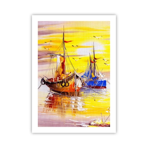Plakat - Kolorowe żaglówki o zachodzie słońca - 50x70cm - Zasłużony odpoczynek w porcie - Nowoczesna dekoracja ścienna do salonu, kuchni i sypialni ARTTOR