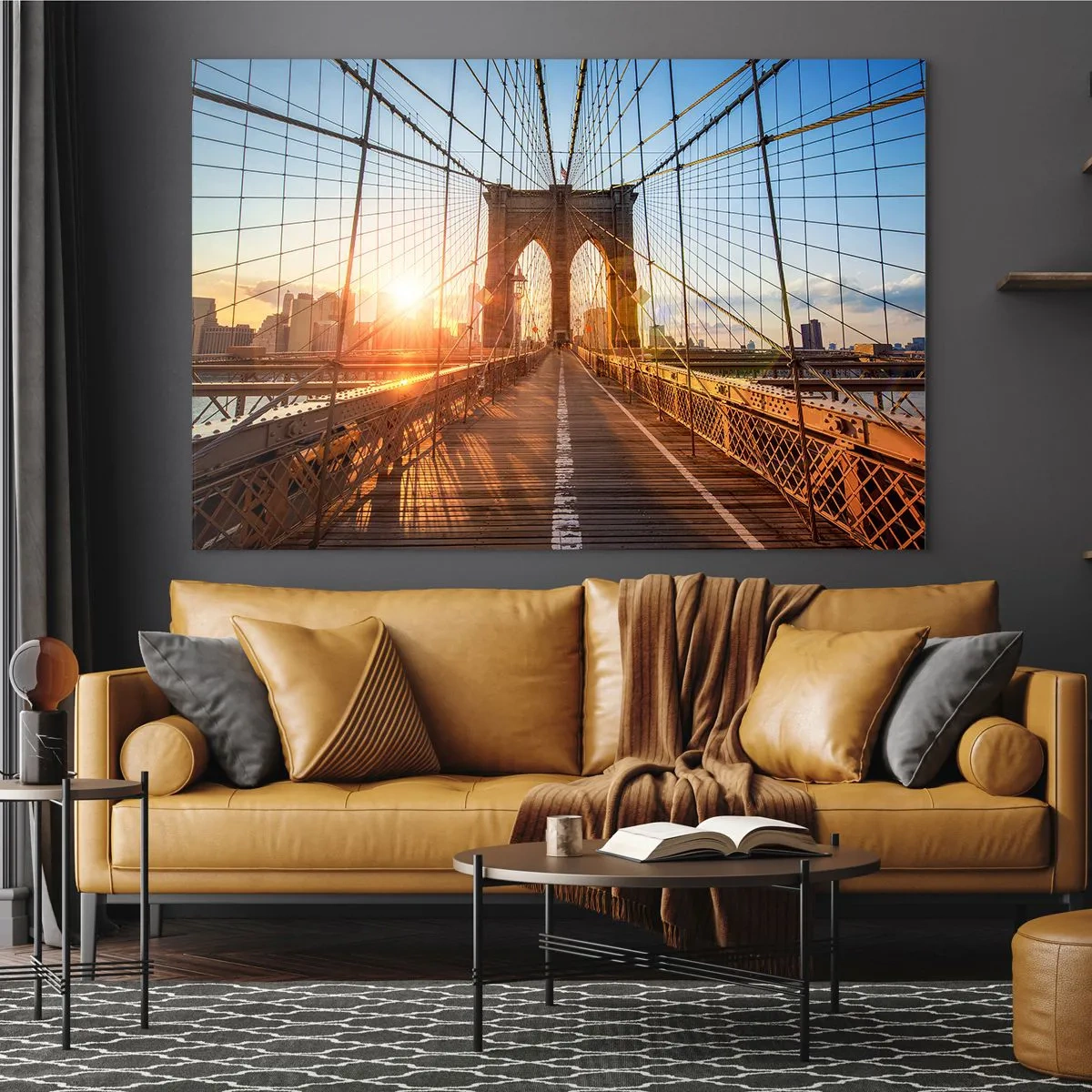 Obraz na szkle - Zachód słońca na moście Brooklyn w Nowym Jorku - 100x70cm - Na złotym moście - Nowoczesna dekoracja ścienna do salonu, kuchni i sypialni ARTTOR