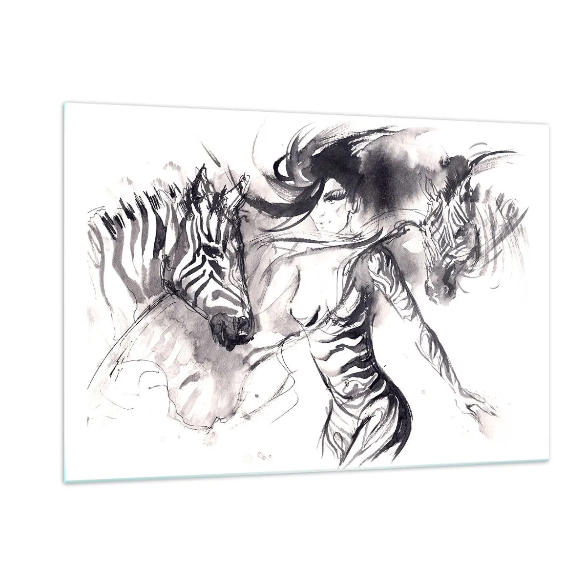 Obraz na szkle - Czarno-biała kompozycja z kobietą i zebrą w artystycznym stylu - 120x80cm - Tańcząca z zebrami - Nowoczesna dekoracja ścienna do salonu, kuchni i sypialni ARTTOR