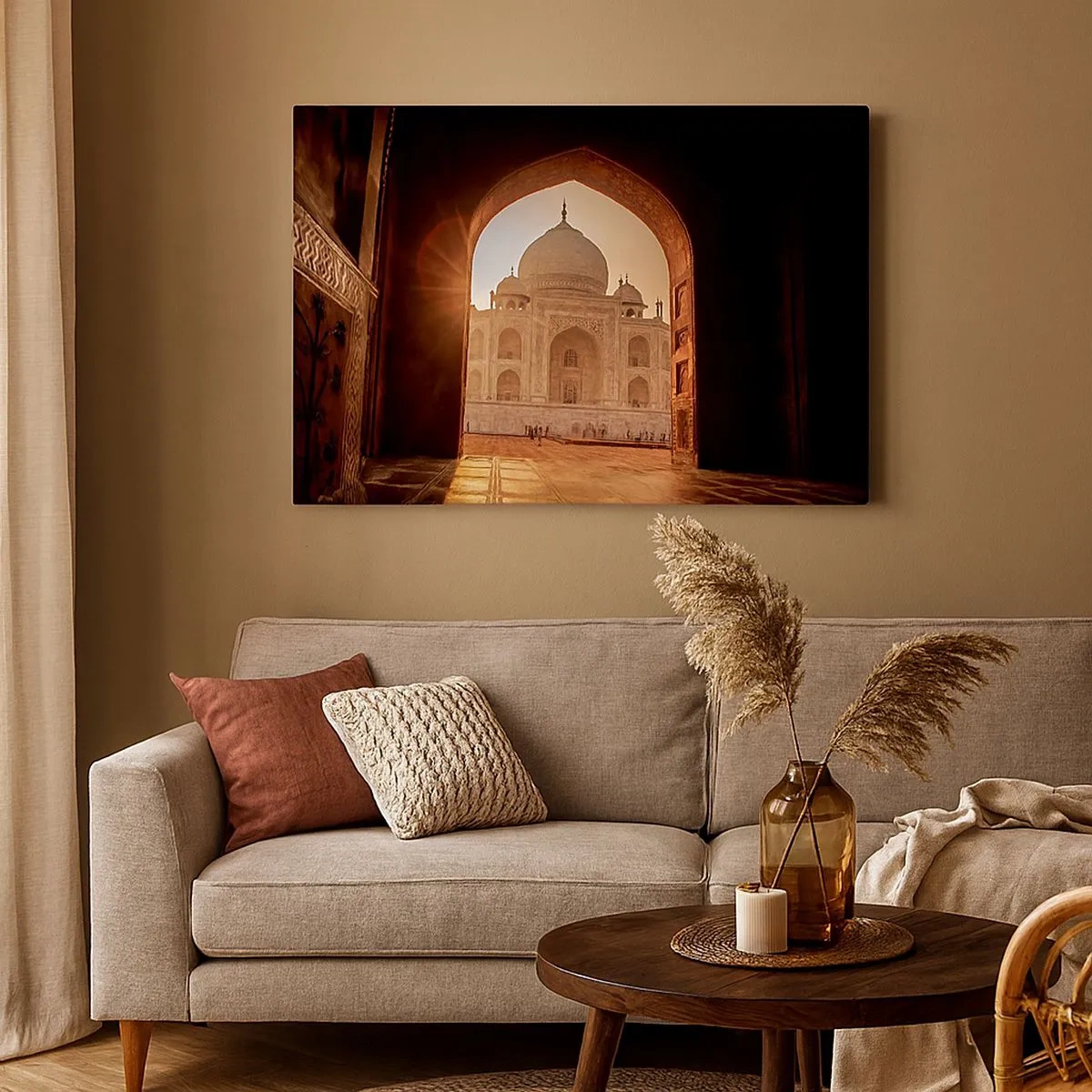 Obraz na płótnie - Taj Mahal w promieniach słońca widziany z łuku bramy - 70x50cm - Pomnik nieziemskiej miłości - Nowoczesna dekoracja ścienna do salonu i sypialni ARTTOR
