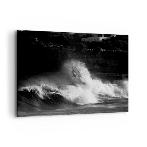 Obraz na płótnie - Surfer na fali w monochromatycznym ujęciu - 120x80cm - Wyzwanie przyjęte! - Nowoczesna dekoracja ścienna do salonu, kuchni i sypialni ARTTOR