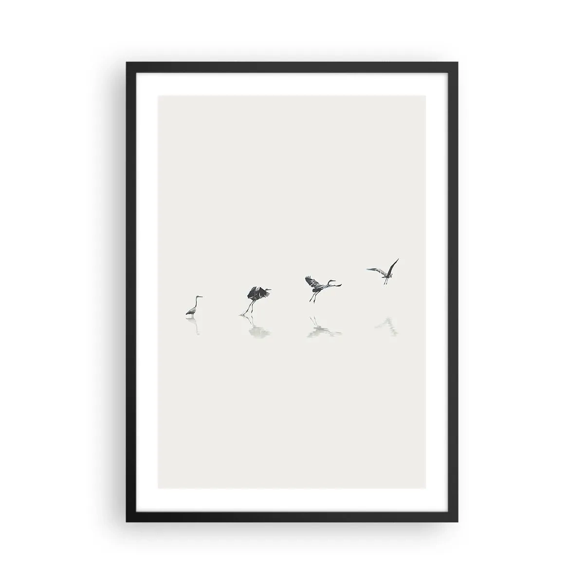 Plakat w czarnej ramie - Minimalistyczna kompozycja ptaków nad wodą - 50x70cm - Cztery proste kroki - Nowoczesna dekoracja ścienna do salonu i sypialni ARTTOR