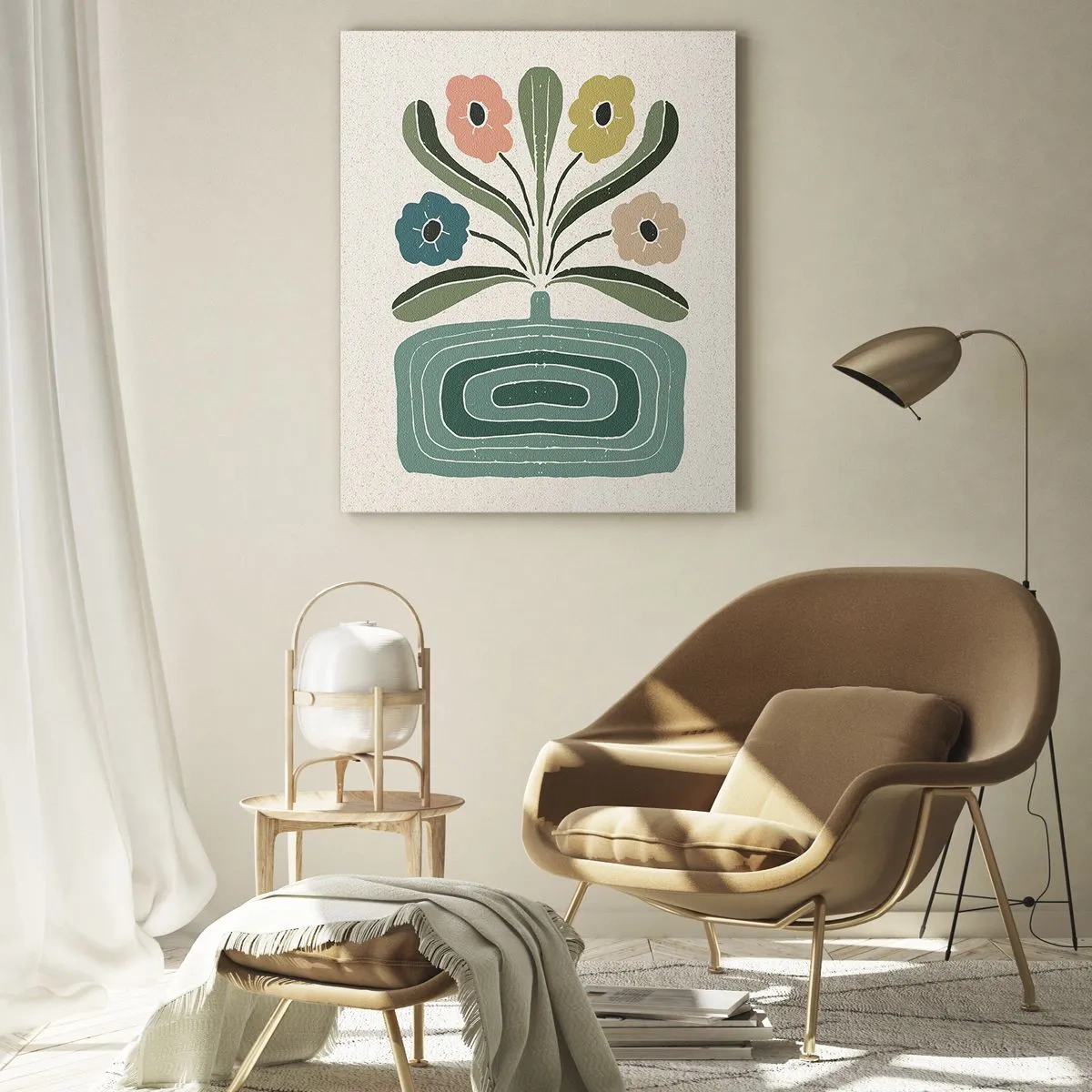 Obraz na szkle - Kolorowe kwiaty w geometrycznym wazonie na jasnym tle - 80x120cm - Bukiet symetryczny - Nowoczesna dekoracja ścienna do salonu i sypialni ARTTOR