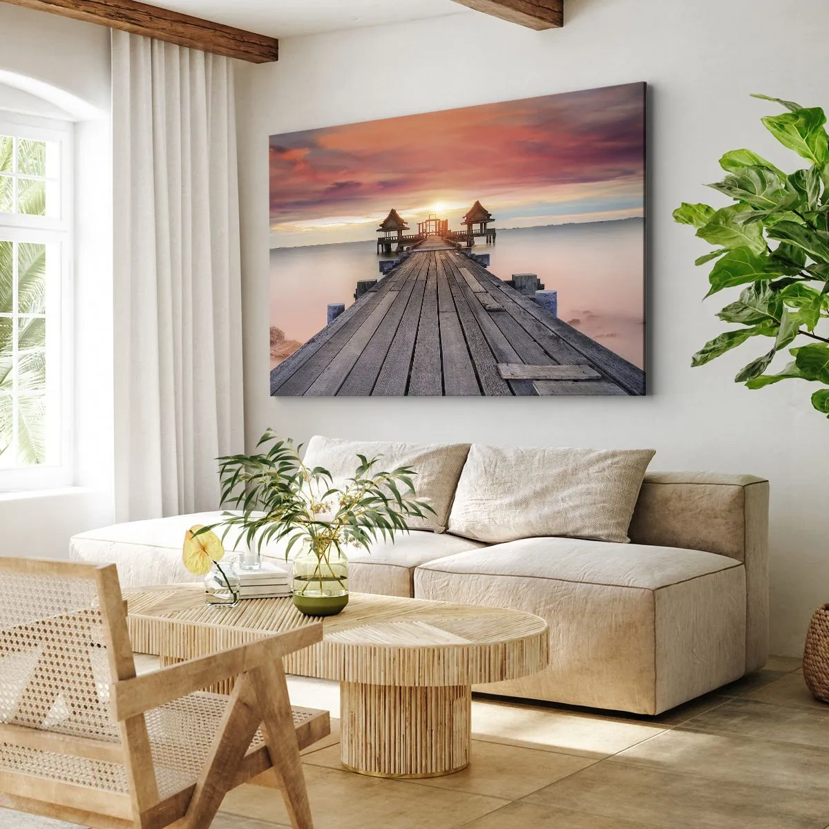 Obraz na płótnie - Drewniane molo prowadzące do altanek o zachodzie słońca - 70x50cm - Zachód na wschodzie - Nowoczesna dekoracja ścienna do salonu i sypialni ARTTOR