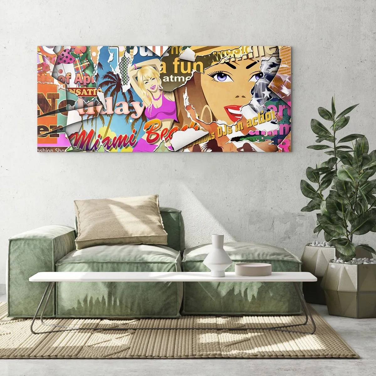 Obraz na szkle - Kolorowy kolaż z elementami retro i pop-art - 140x50cm - Wakacyjne retrospekcje - Nowoczesna dekoracja ścienna do salonu i sypialni ARTTOR