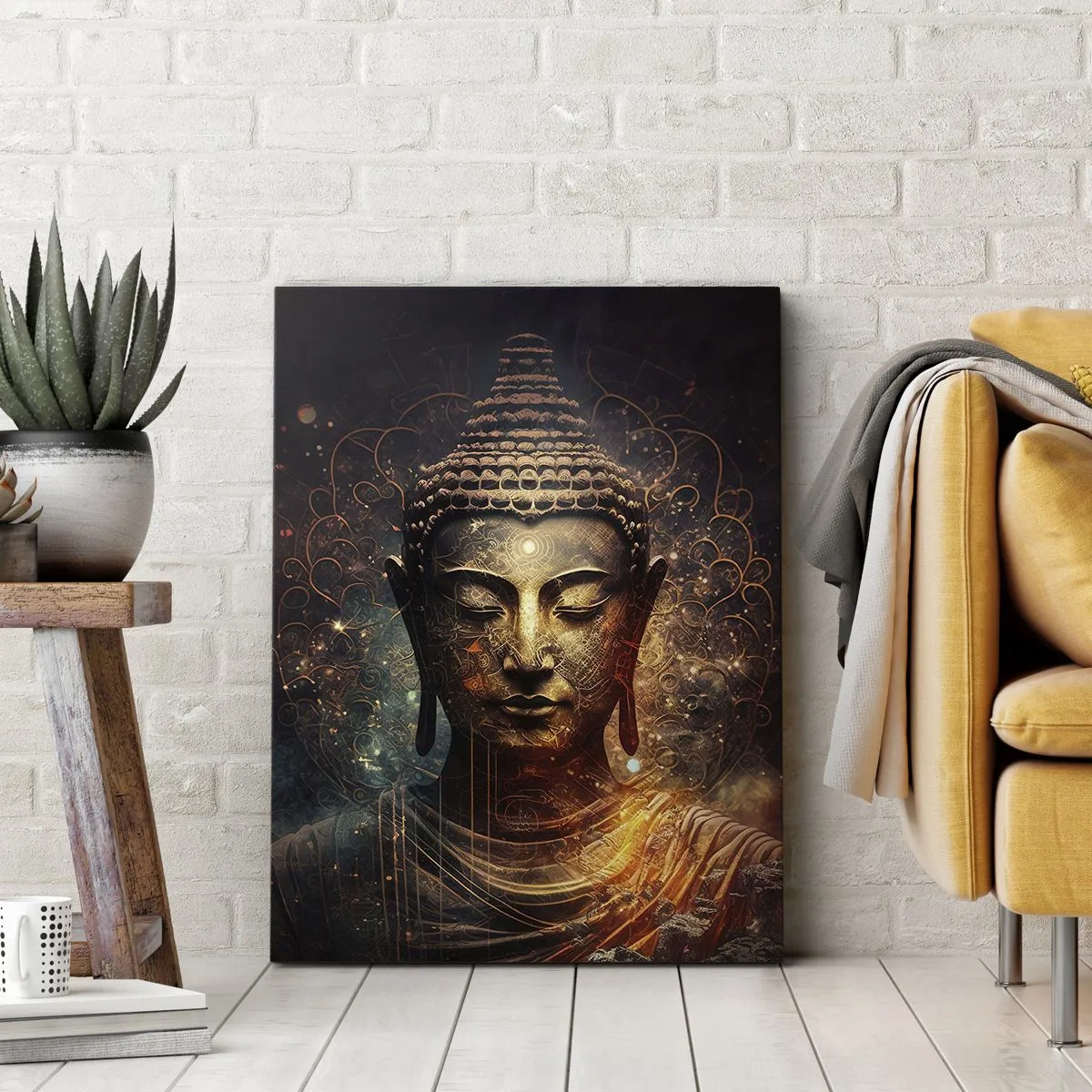 Obraz na płótnie - Mistyczna postać Buddy otoczona złotymi ornamentami - 50x70cm - Duchowa równowaga - Nowoczesna dekoracja ścienna do salonu, kuchni i sypialni ARTTOR