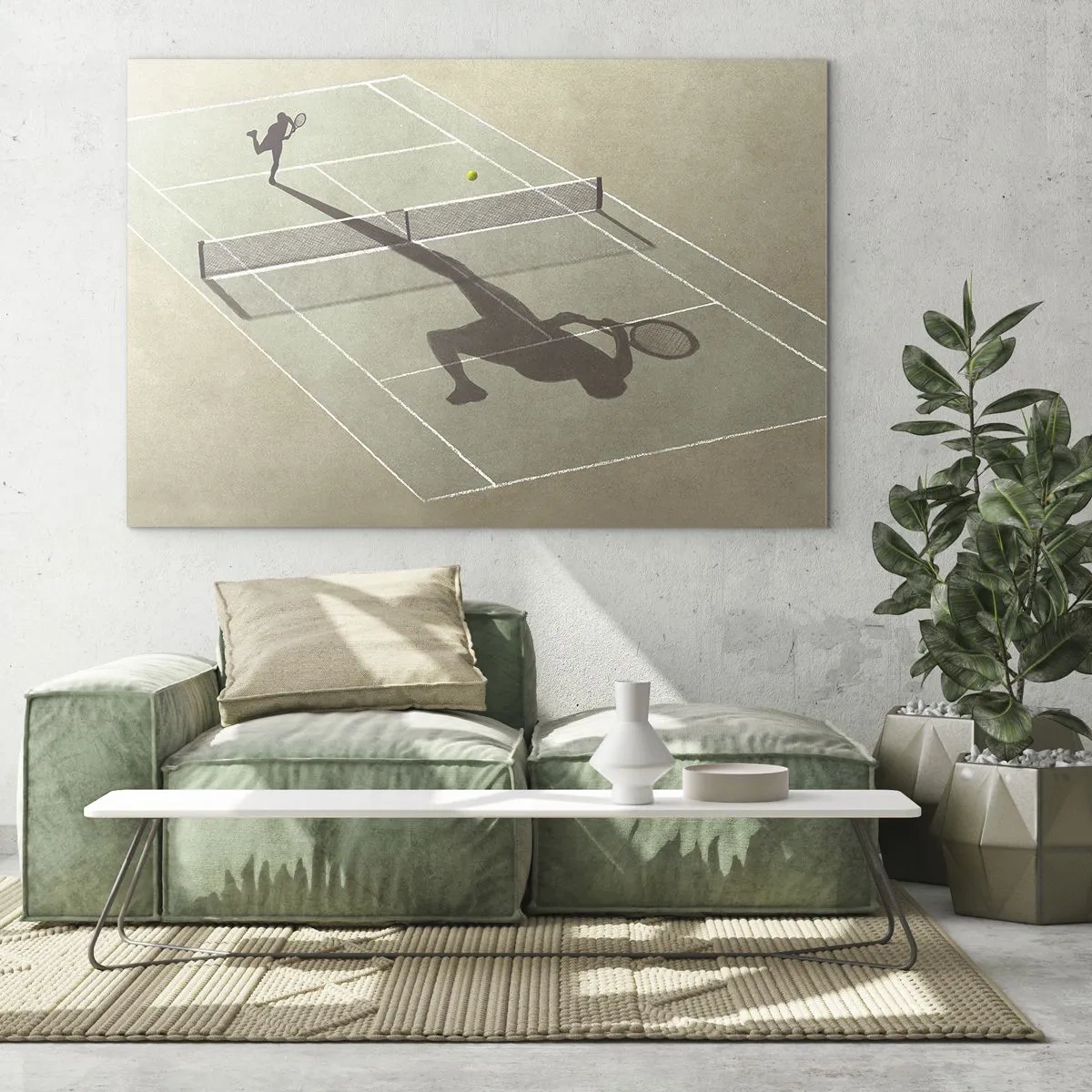 Obraz na szkle - Postać tenisisty i cień na korcie podczas serwu - 70x50cm - Pokonać siebie - Nowoczesna dekoracja ścienna do salonu i sypialni ARTTOR
