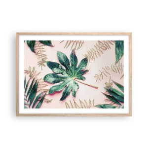 Plakat w ramie jasny dąb - Studium zieleni na różowym tle - 70x50 cm