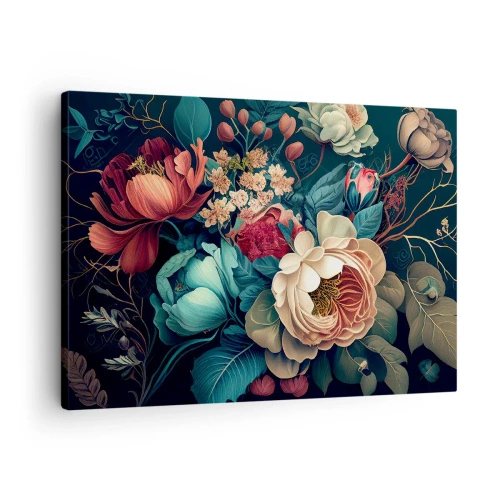 Obraz na płótnie - Barwna kompozycja kwiatów na ciemnym tle - 70x50cm - XIX-wieczny czar - Nowoczesna dekoracja ścienna do salonu i sypialni ARTTOR