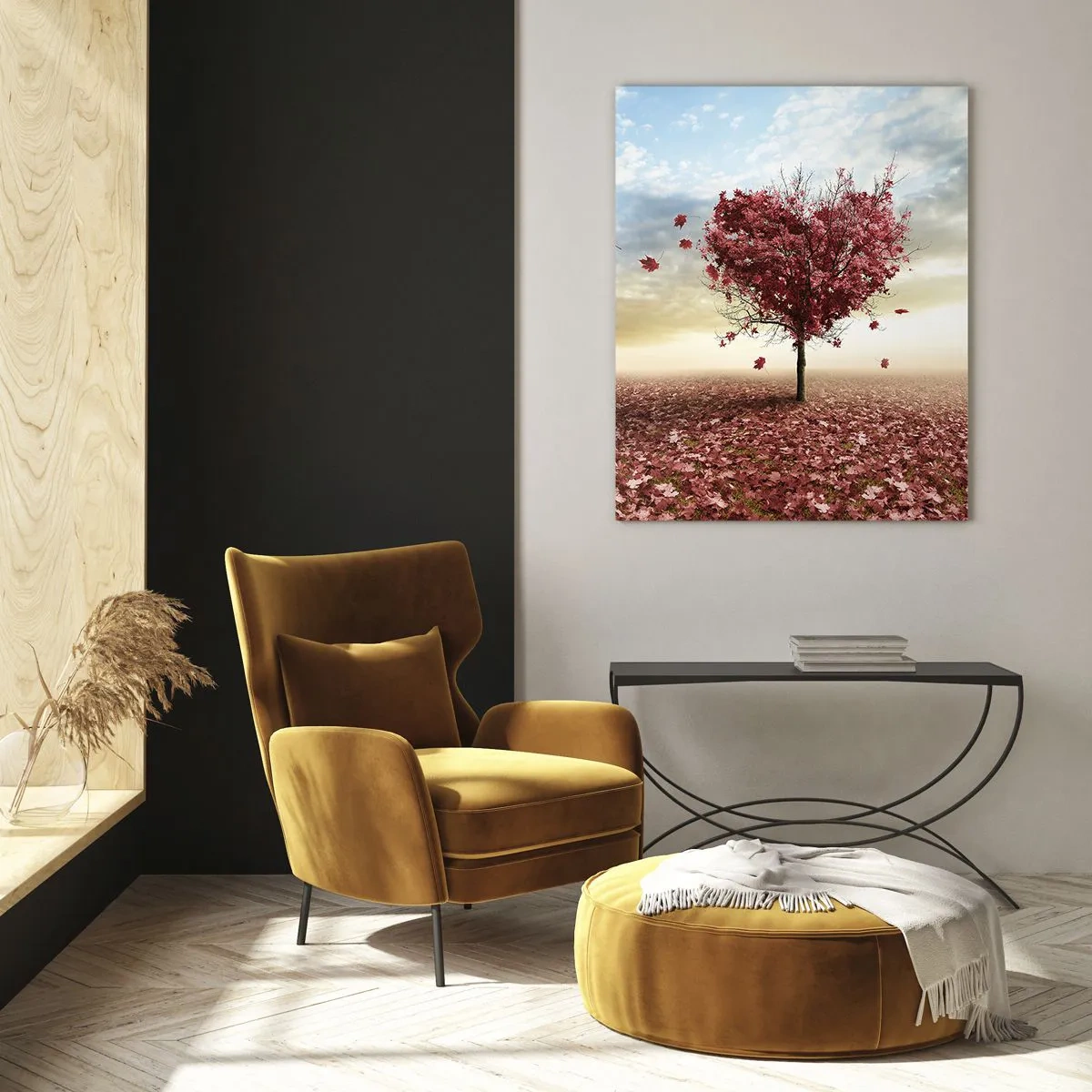 Obraz na szkle - Drzewo w kształcie serca na tle pola z czerwonymi liśćmi - 50x70cm - Pokochaj też jesień - Nowoczesna dekoracja ścienna do salonu, kuchni i sypialni ARTTOR
