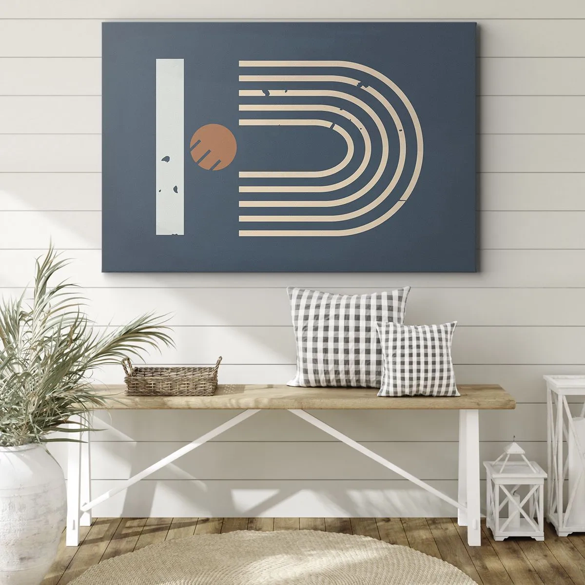 Obraz na płótnie - Geometryczny wzór w odcieniach granatu, beżu i pomarańczu na ciemnym tle - 120x80cm - Geometria na granacie - Nowoczesna dekoracja ścienna do salonu, kuchni i sypialni ARTTOR