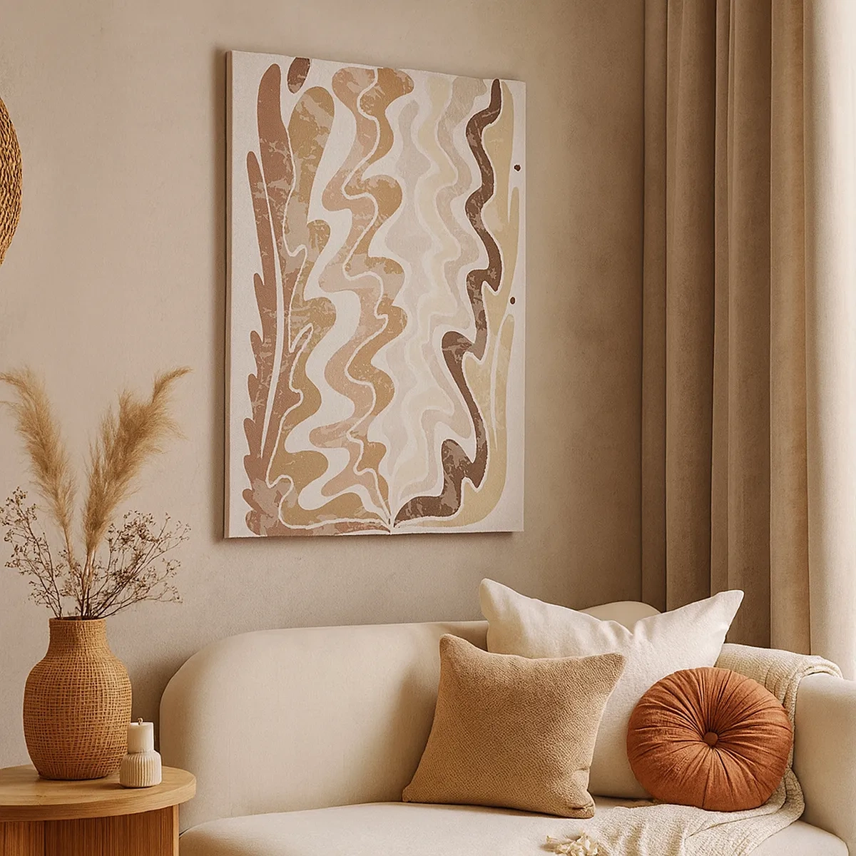 Obraz na płótnie - Organiczna kompozycja falistych linii w ciepłych, ziemistych odcieniach beżu i brązu - 50x70cm - Dobra energia – dobre emocje - Nowoczesna dekoracja ścienna do salonu, kuchni i sypialni ARTTOR