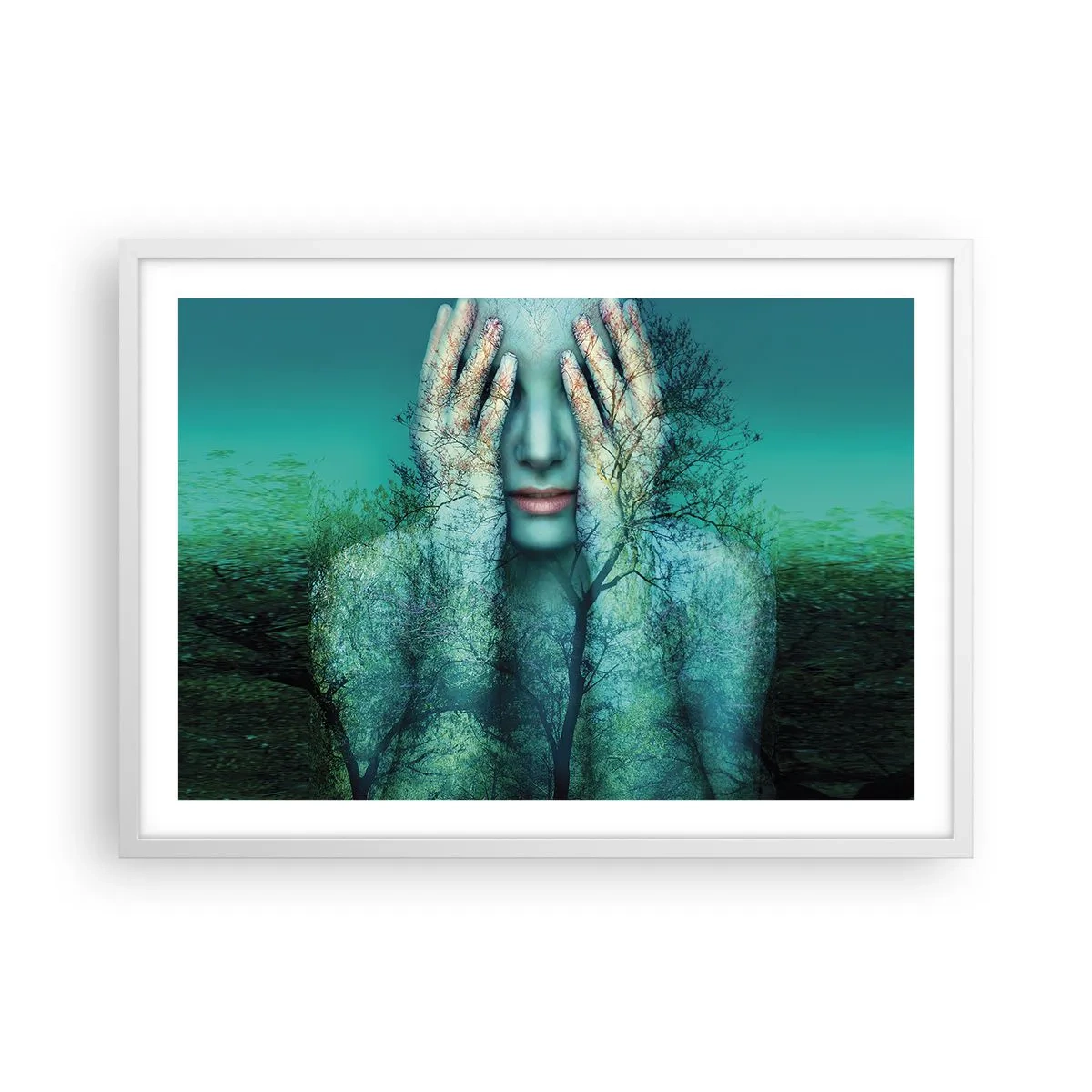 Plakat w białej ramie - Zanurzona w błękicie - 70x50 cm