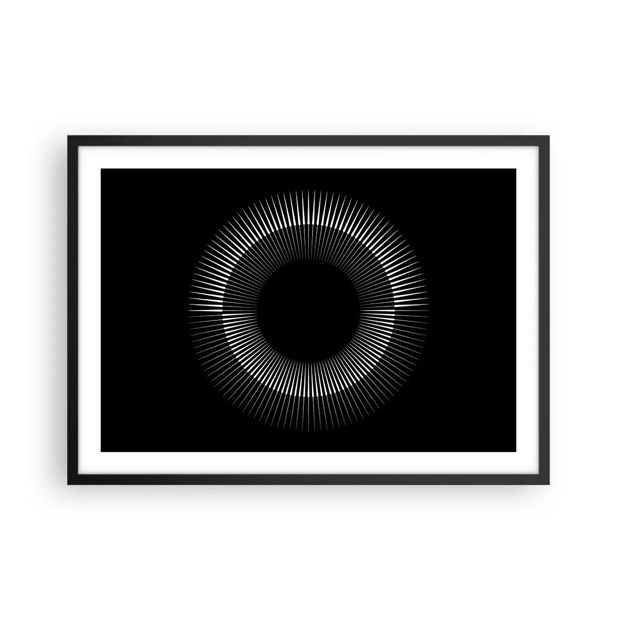 Plakat w czarnej ramie - Graficzne koło z promieniami w czerni i bieli - 70x50cm - Czarne Słońce - Nowoczesna dekoracja ścienna do salonu i sypialni ARTTOR