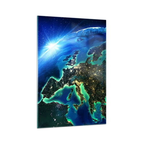 Obraz na szkle - Widok na Europę z kosmosu w blasku wschodzącego słońca - 70x100cm - Roziskrzona Europa - Nowoczesna dekoracja ścienna do salonu i sypialni ARTTOR