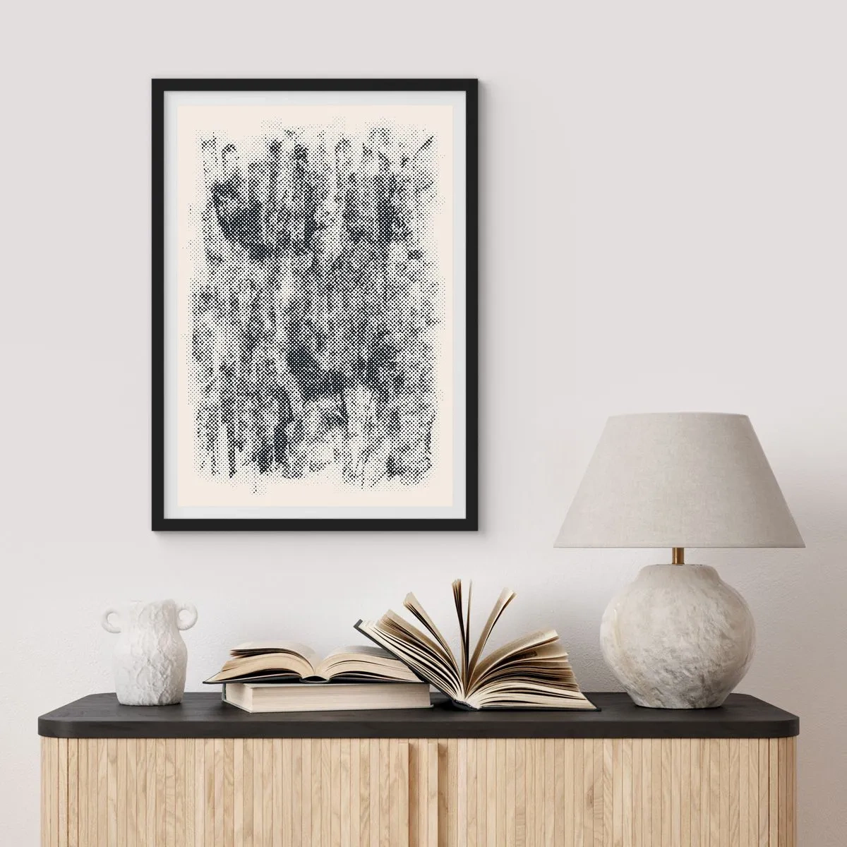 Plakat w czarnej ramie - Graficzny motyw lasu w stylu retro - 50x70cm - Mglista kompozycja - Nowoczesna dekoracja ścienna do salonu i sypialni ARTTOR