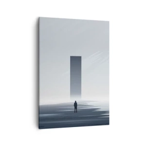 Obraz na płótnie - Minimalistyczna scena z samotną postacią i tajemniczym monolitem w mgle - 50x70cm - Szansa czy zagrożenie? - Nowoczesna dekoracja ścienna do salonu, kuchni i sypialni ARTTOR