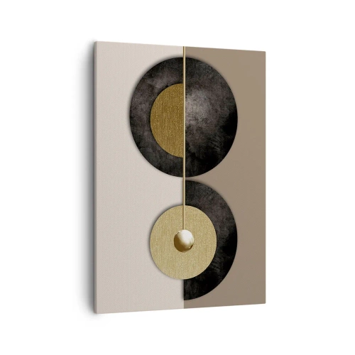 Obraz na płótnie - Minimalistyczna kompozycja geometryczna z czarnymi i złotymi okręgami na beżowym tle - 50x70cm - Wariacje wokół koła - Nowoczesna dekoracja ścienna do salonu, kuchni i sypialni ARTTOR