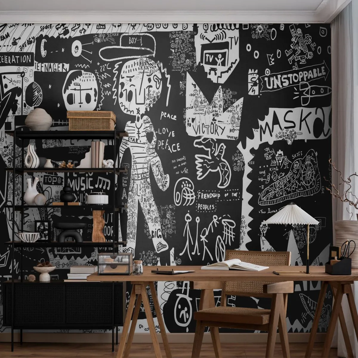 Fototapeta Premium Sand - Czarno-biała kompozycja street art graffiti - 100x70cm - Duchowej młodości prawa i radości - Nowoczesna dekoracja ścienna do salonu, kuchni i sypialni ARTTOR