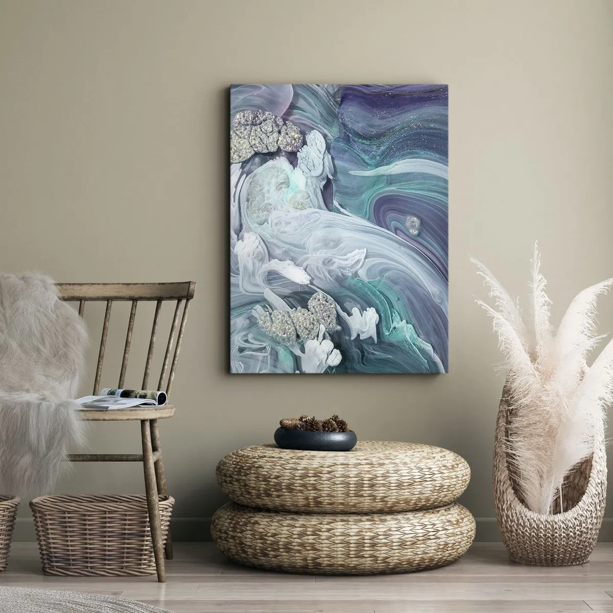 Obraz na płótnie - Abstrakcyjne fale w odcieniach błękitu, turkusu i bieli - 50x70cm - Nurty błękitu - Nowoczesna dekoracja ścienna do salonu, kuchni i sypialni ARTTOR