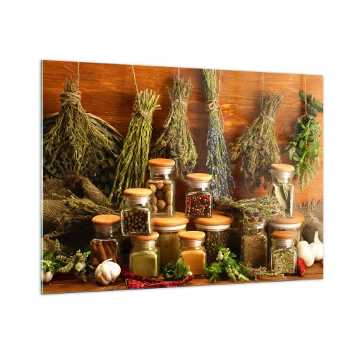 Obraz na szkle - Zioła i przyprawy w słoikach na drewnianym tle - 100x70cm - Kuchenne czary - Nowoczesna dekoracja ścienna do salonu, kuchni i sypialni ARTTOR